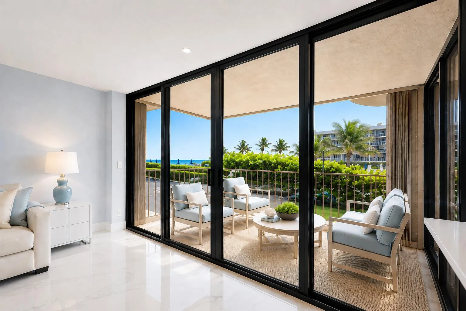White tile flooring, floor-to-ceiling sliding glass doors, recessed lighting, and a private balcony with a metal railing