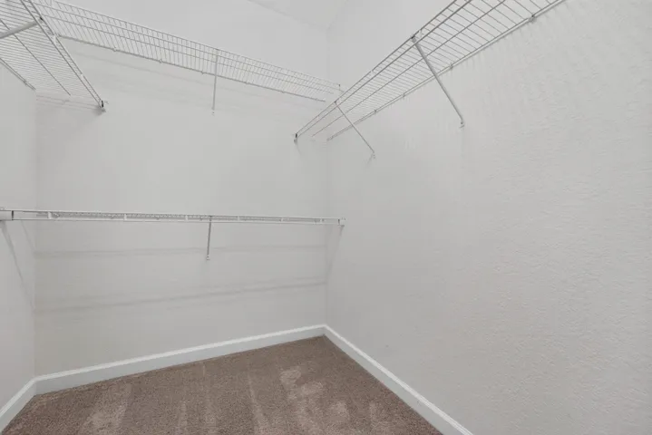 Walk-in closet with wire shelving and carpet flooring