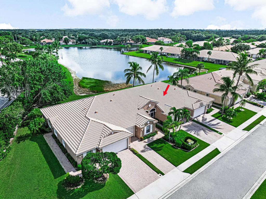 Barrel tile roof, paver driveway, manicured landscaping, mature palm trees, and waterfront property