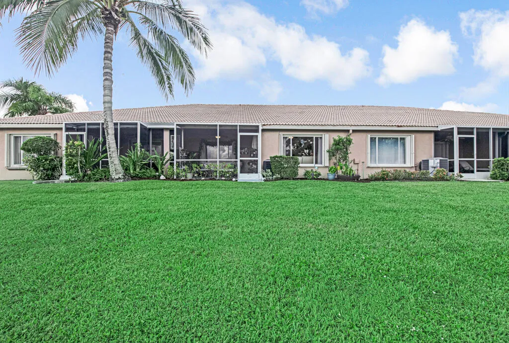 Expansive green lawn with mature palm tree