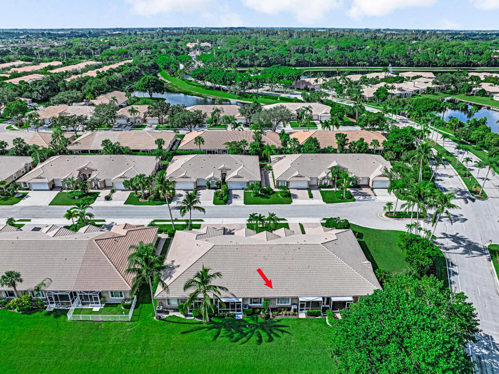 Manicured community landscaping, mature palm trees, paved street, residential architecture with light-colored roofs, and nearby water features