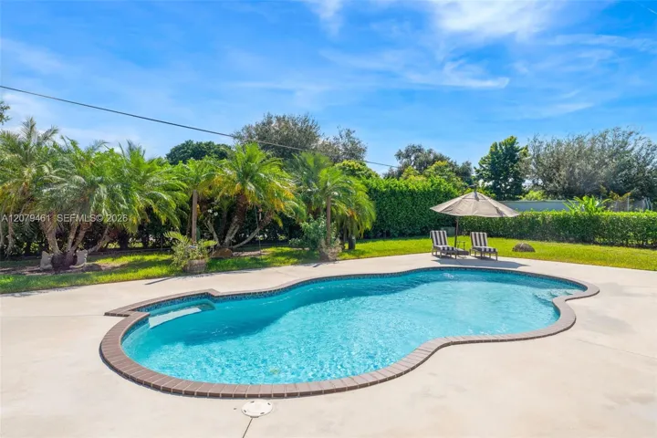 In-ground pool with custom curved edges, masonry tile coping, expansive concrete patio, manicured lawn, and mature palm trees