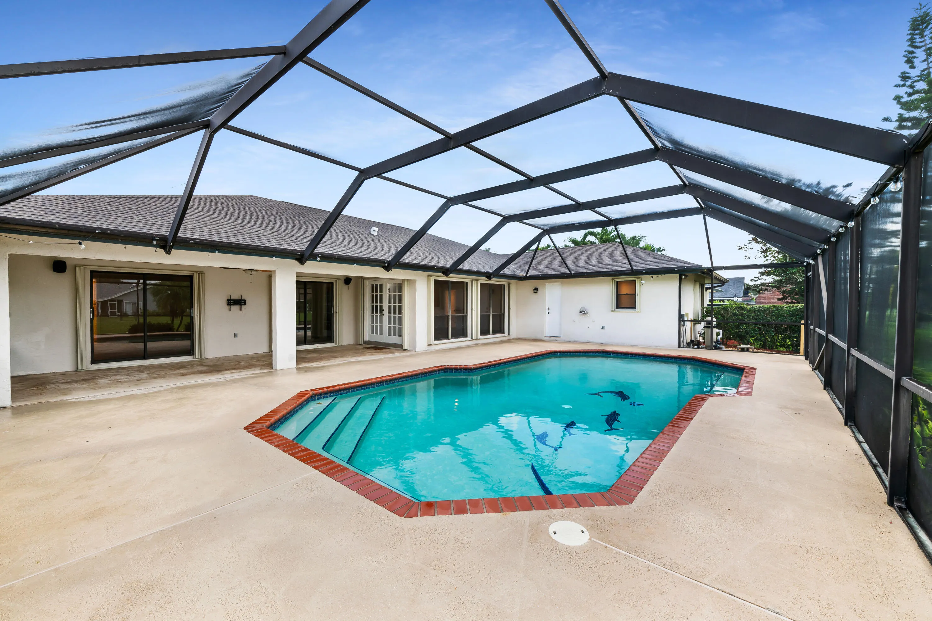 Screened pool enclosure with a geometric pool, integrated steps, and a surrounding concrete patio