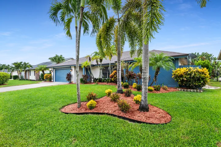 Lush green lawn with mature palm trees, landscaped garden beds, and a paved driveway leading to a blue garage door