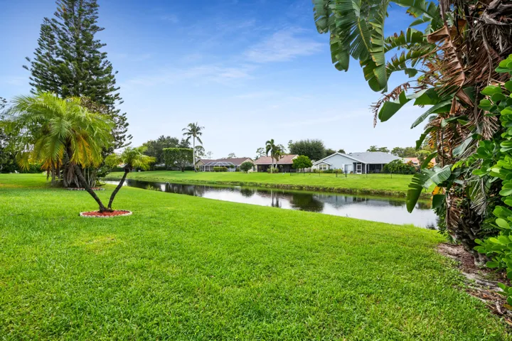 Expansive green lawn with a water feature, bordered by tropical foliage and mature trees