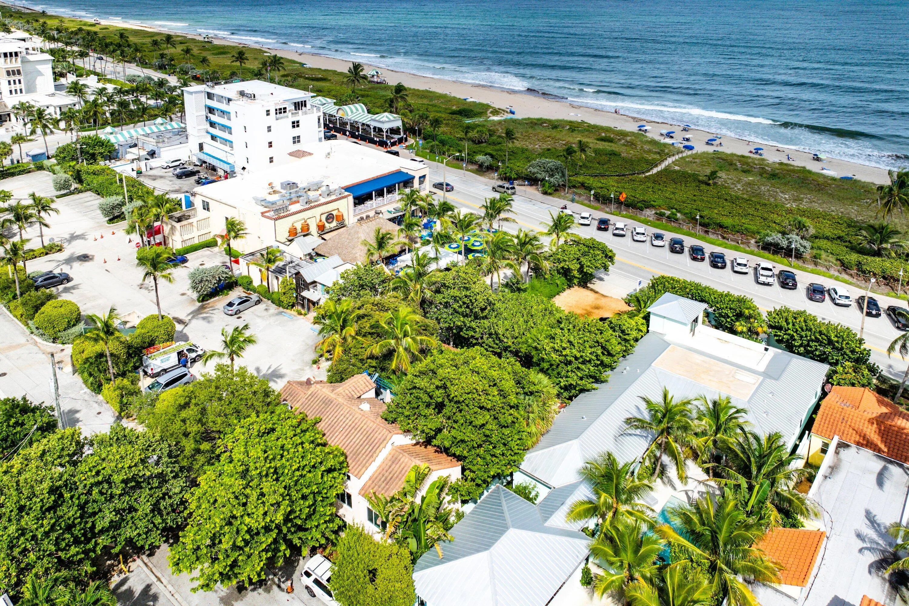 Coastal setting with direct beach access, featuring mature palm trees and lush green landscaping