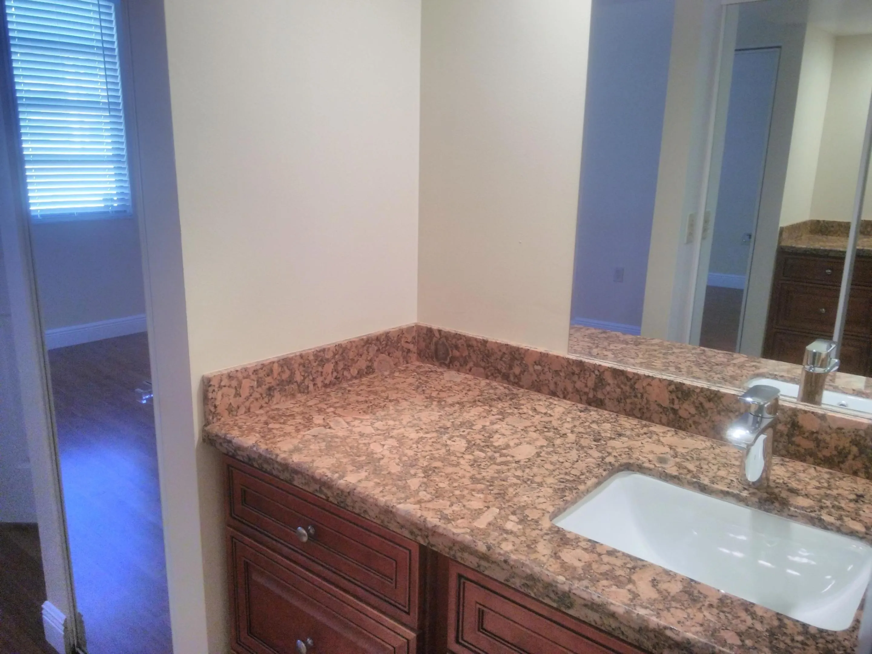 The sink and granite vanity in front of the walk-in.