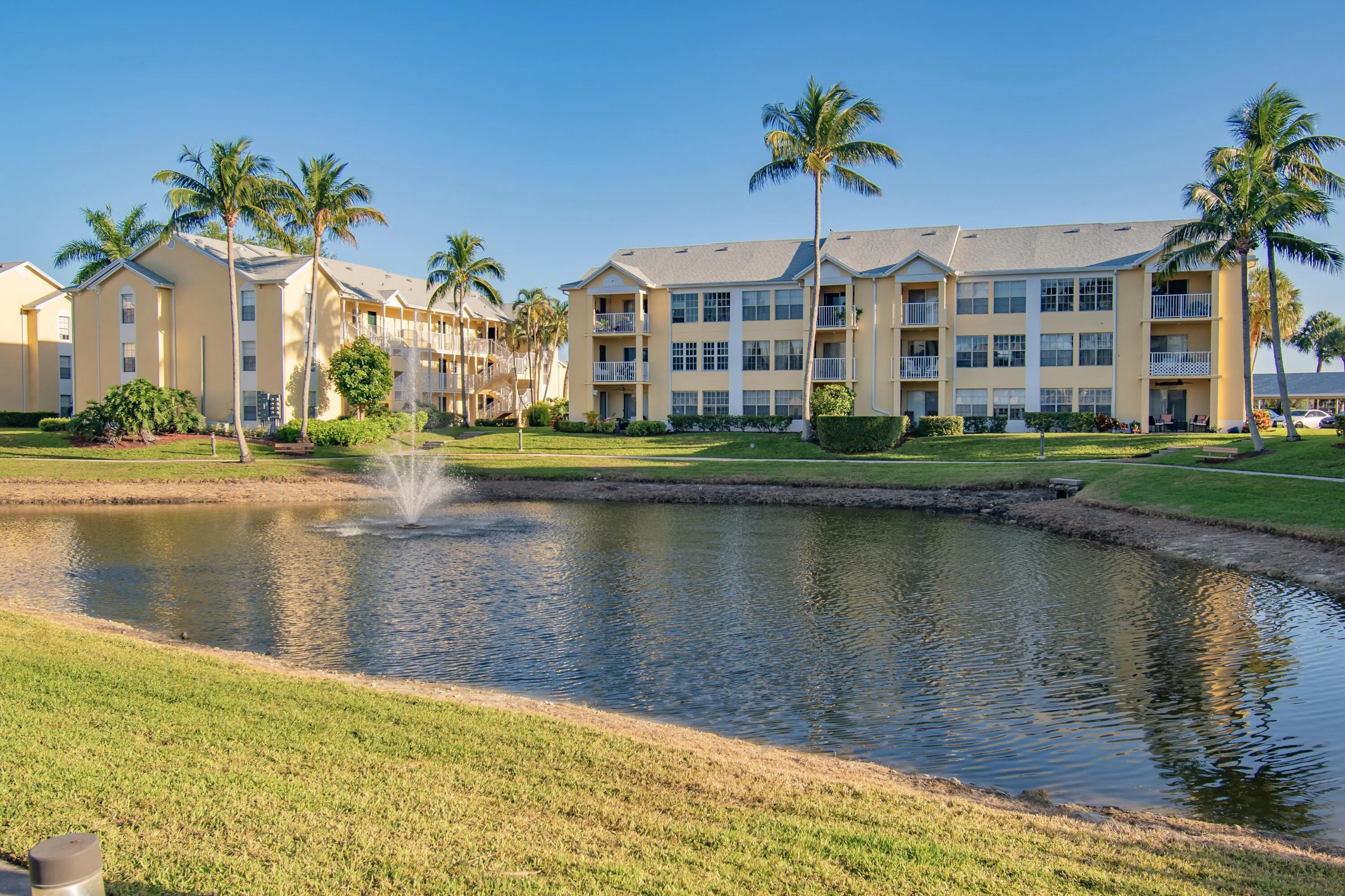 Waterfront property featuring a pond with a fountain, manicured lawn, and mature palm trees