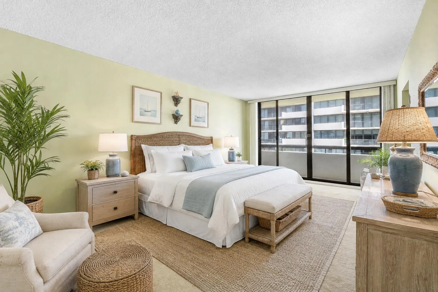 Generously scaled guest bedroom demonstrates how comfortably the second suite accommodates a full bedroom arrangement. Virtually staged; furnishings and décor are digitally added and are not included.