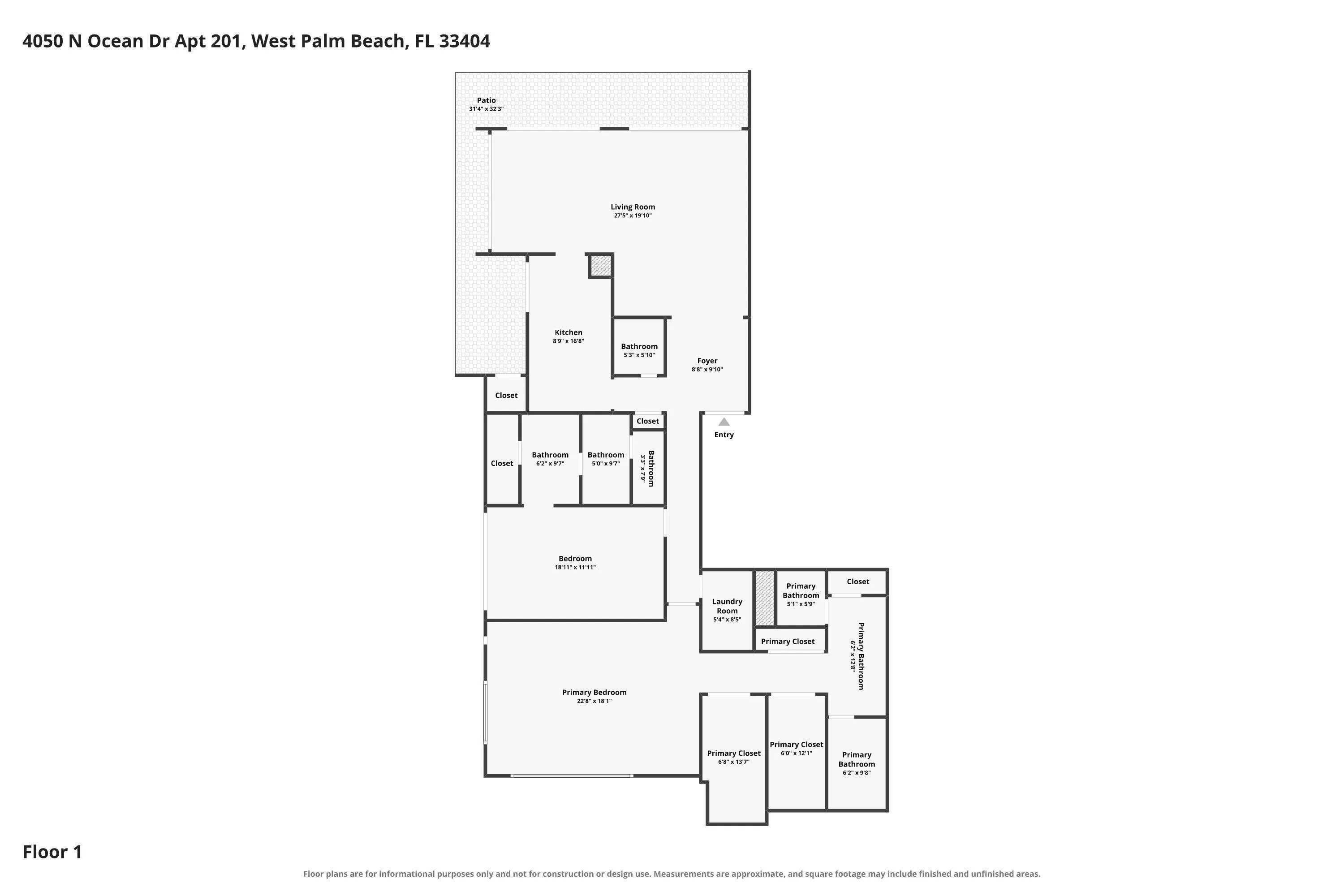 Front-to-back floor plan showcases approximately 2,224 SF with expansive ocean-facing living and dining areas, two generous bedroom suites, 3.5 baths, dedicated laundry and a covered terrace wrapping two sides of Penthouse 401.