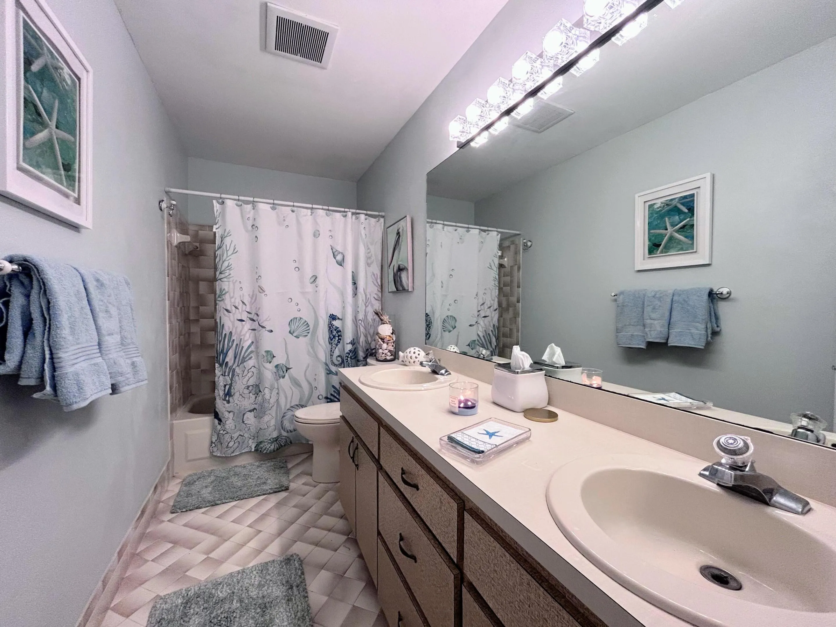 Guest bath, dual sinks, tub/shower combo