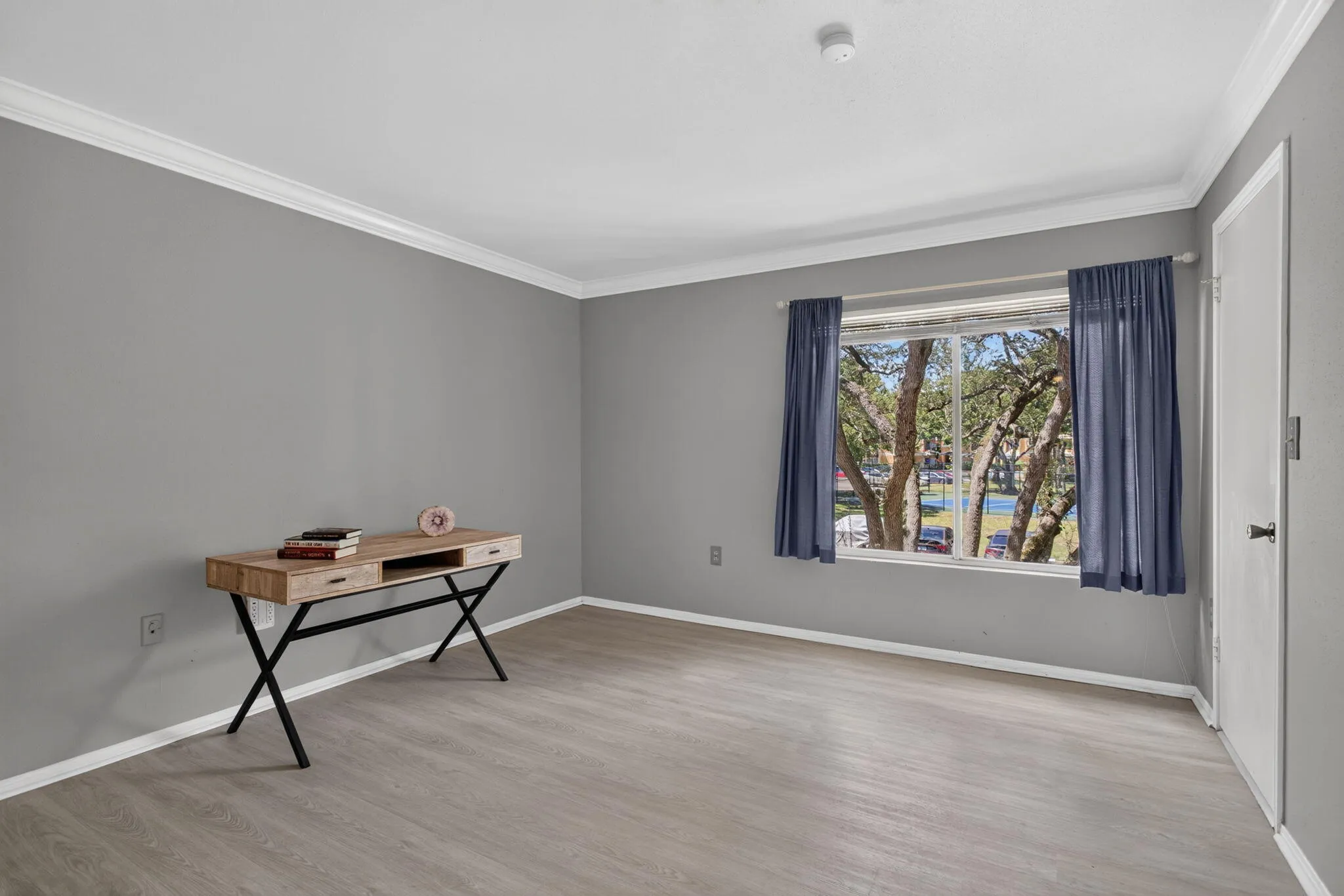 Light gray walls with white crown molding and wood-finish flooring
