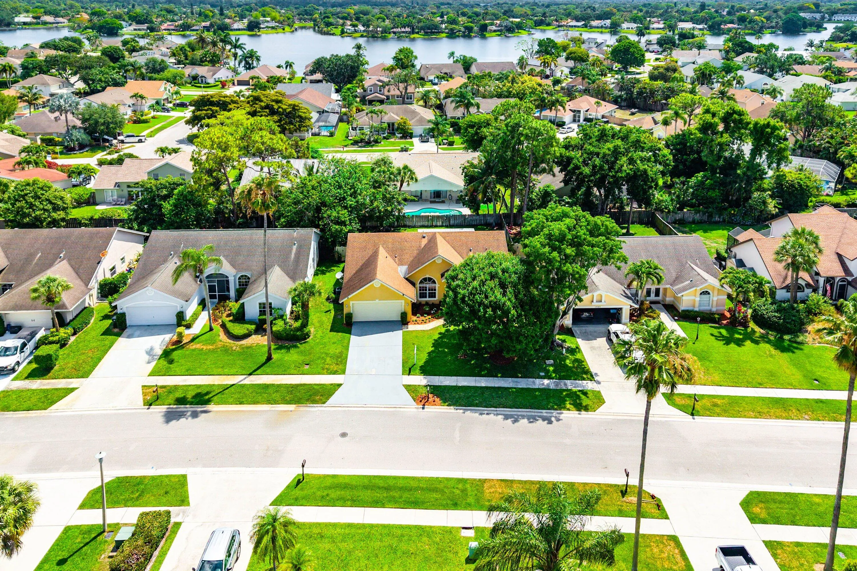 Lush green landscaping with mature trees and palms