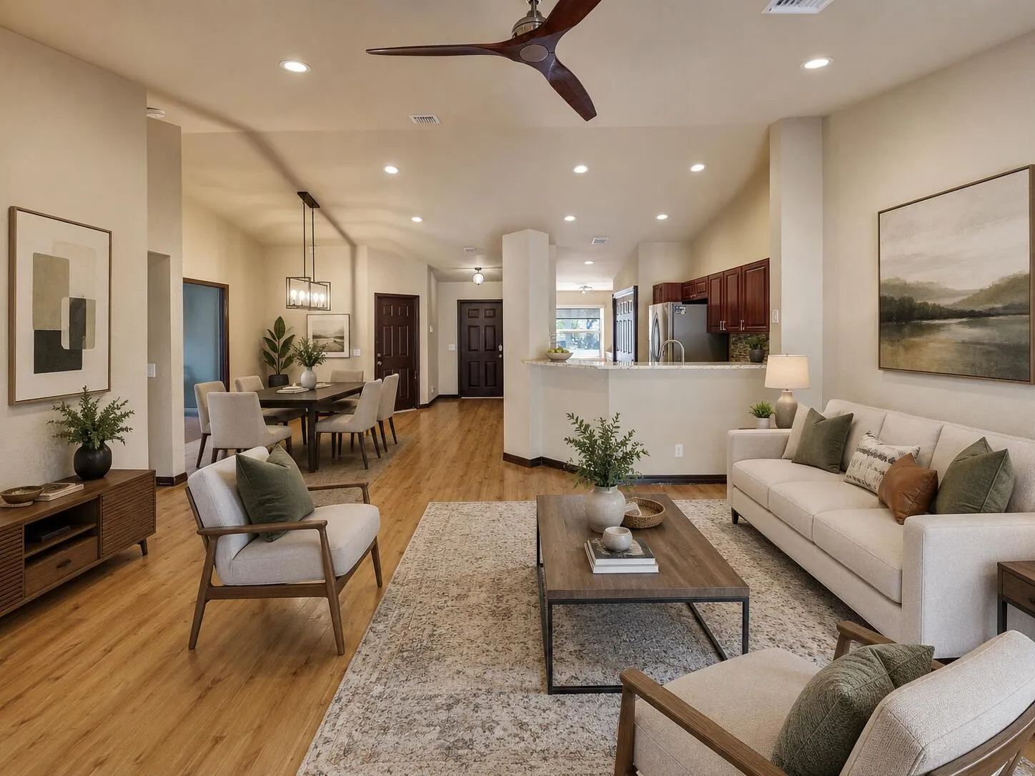 Virtually staged living and dining room