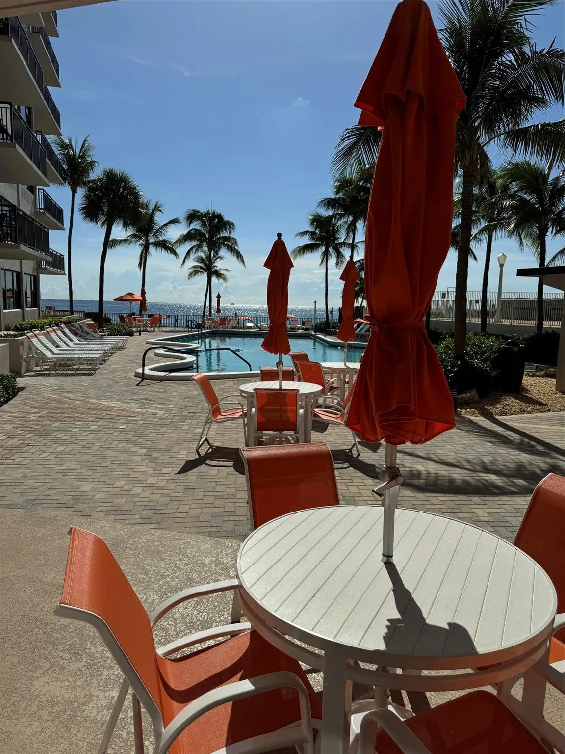 Outdoor pool area featuring a paver patio, a swimming pool with an integrated spa, and palm trees