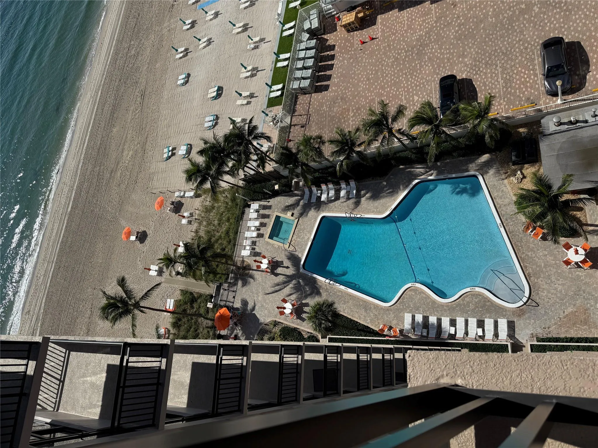 Oversized pool with a distinct shape, a separate spa, a beachfront setting, mature palm trees, and a paved hardscape