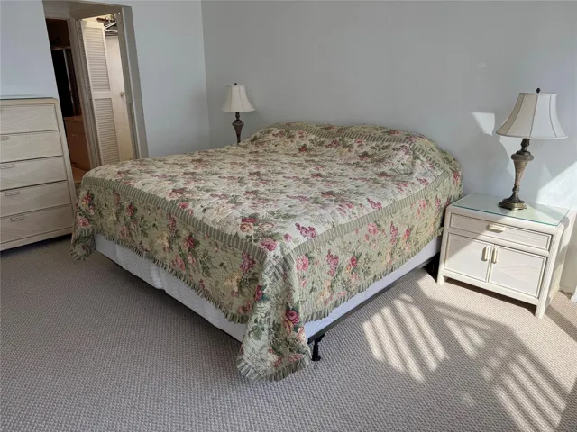 Carpeted flooring, painted walls, and built-in closet with louvered doors