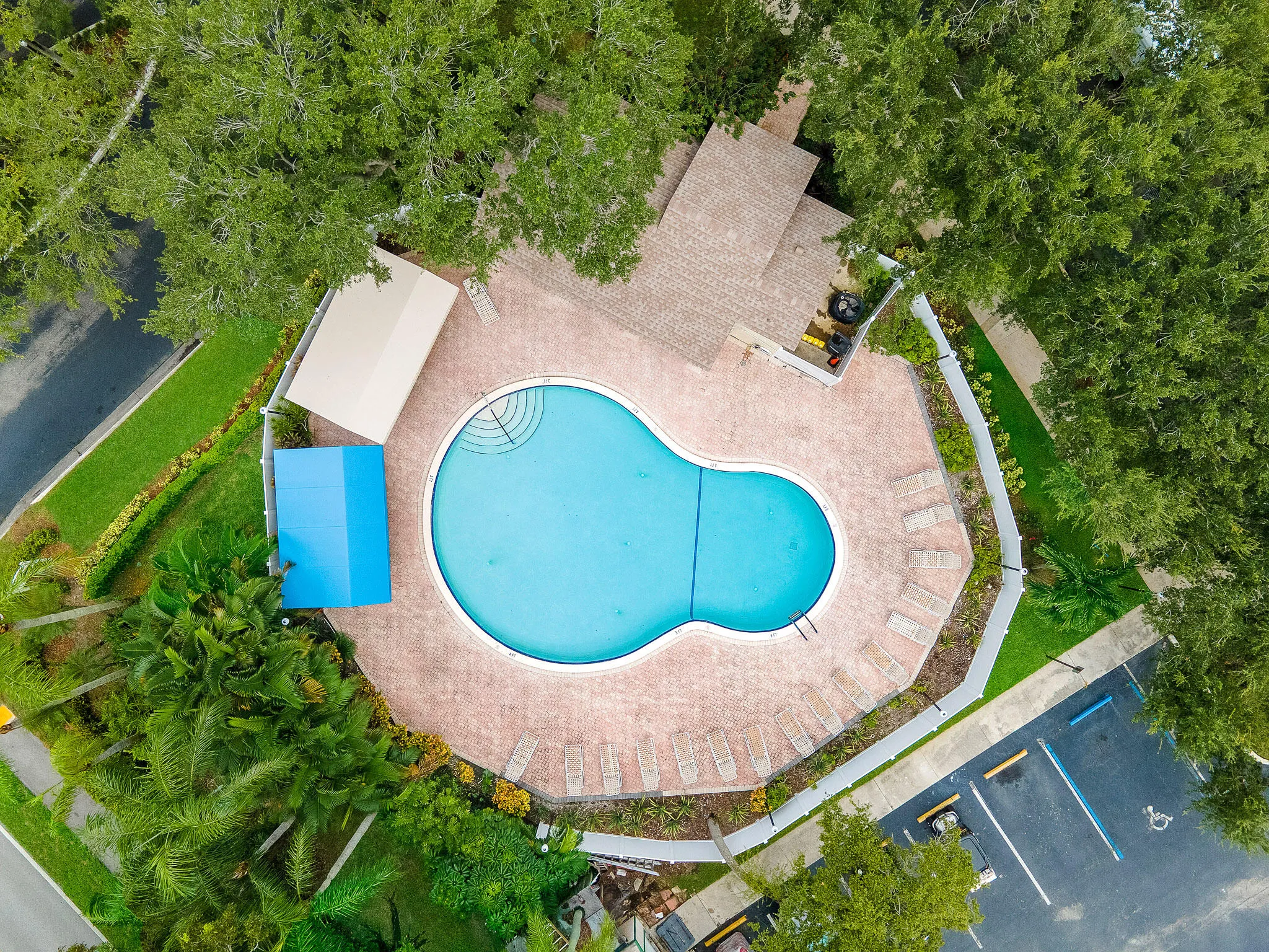 Kidney shaped swimming pool with cabana