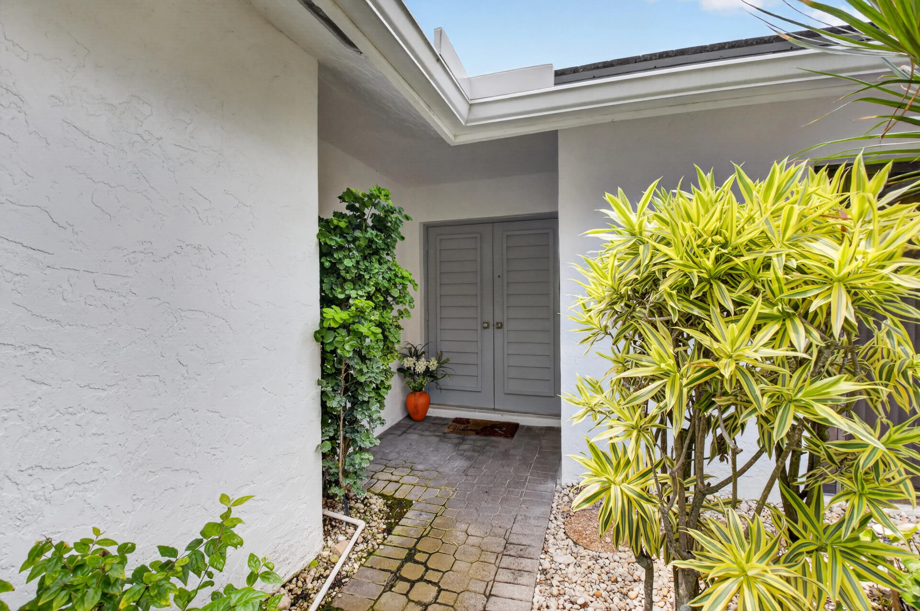 Welcoming courtyard entry featuring crisp white brick exterior, dual gray panel doors, paved stone flooring, and lush tropical landscaping including vibrant golden foliage plants and climbing ivy accents