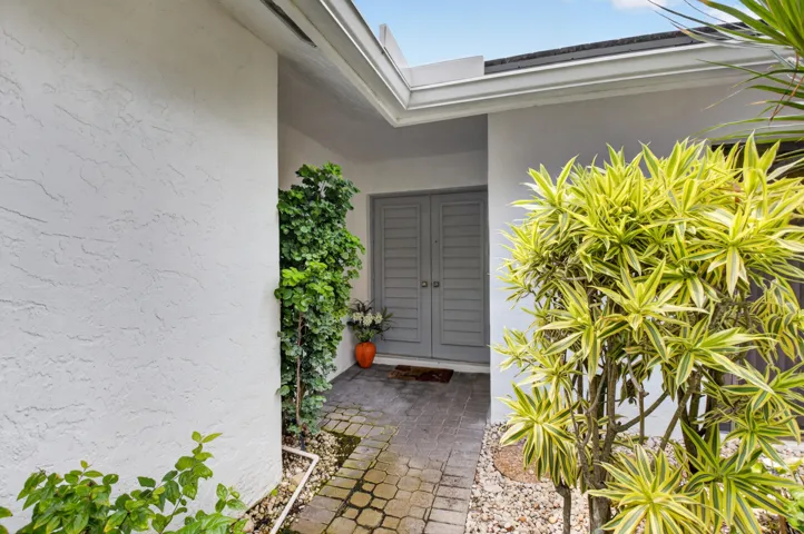 Welcoming courtyard entry featuring crisp white brick exterior, dual gray panel doors, paved stone flooring, and lush tropical landscaping including vibrant golden foliage plants and climbing ivy accents