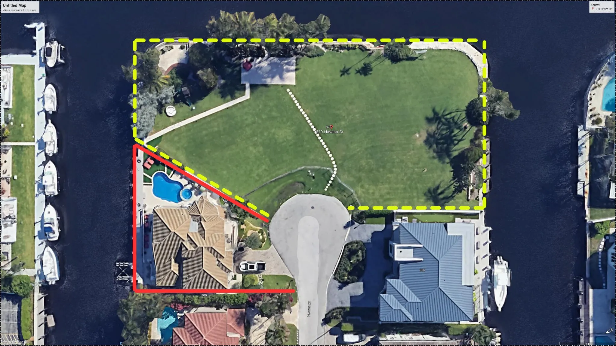 Adjacent lot (yellow border) may also be purchased, creating an extraordinary three-lot waterfront property totaling approx. 34,819 SF (.80 acre) with approx. 550' of waterfront.