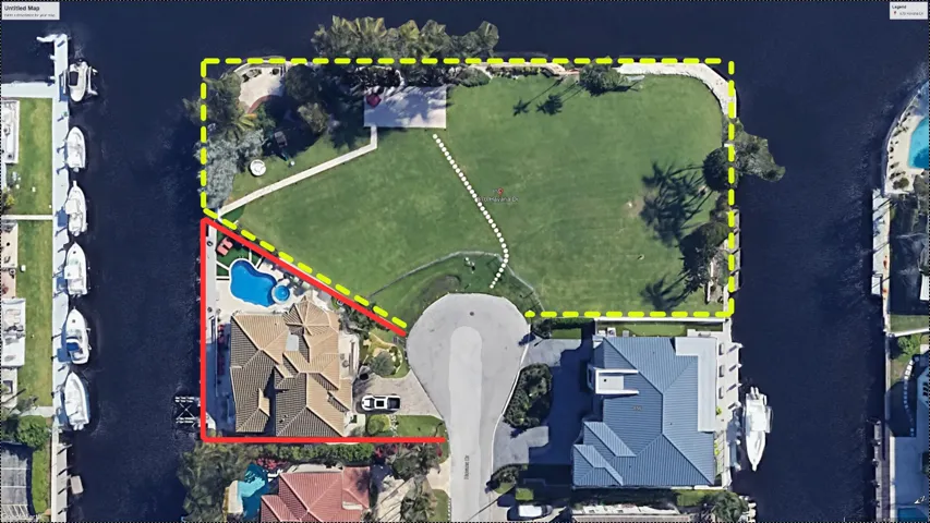 Adjacent lot (yellow border) may also be purchased, creating an extraordinary three-lot waterfront property totaling approx. 34,819 SF (.80 acre) with approx. 550' of waterfront.