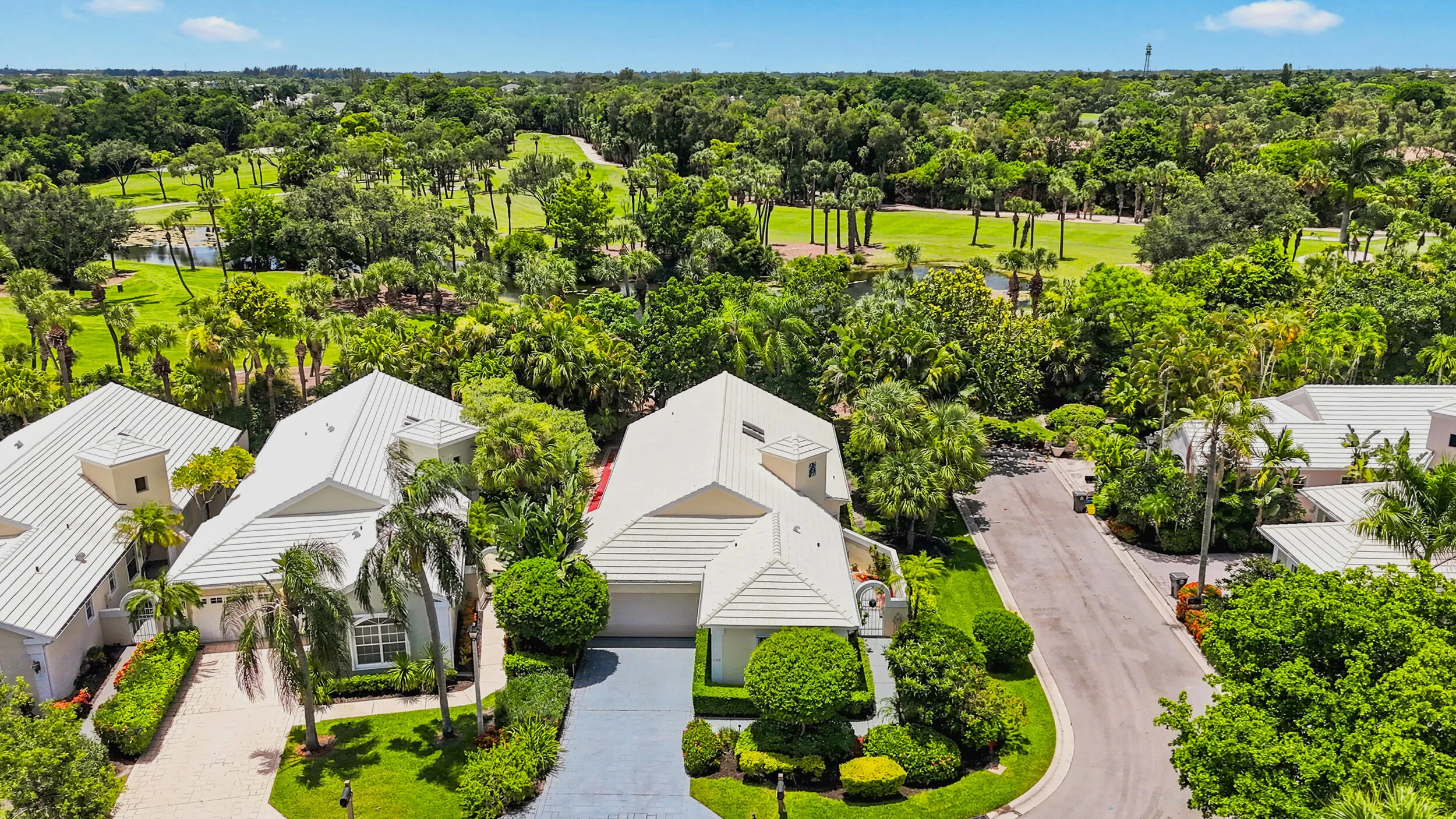 Elevated view showcasing the residence, surrounding homes, and nearby green space.