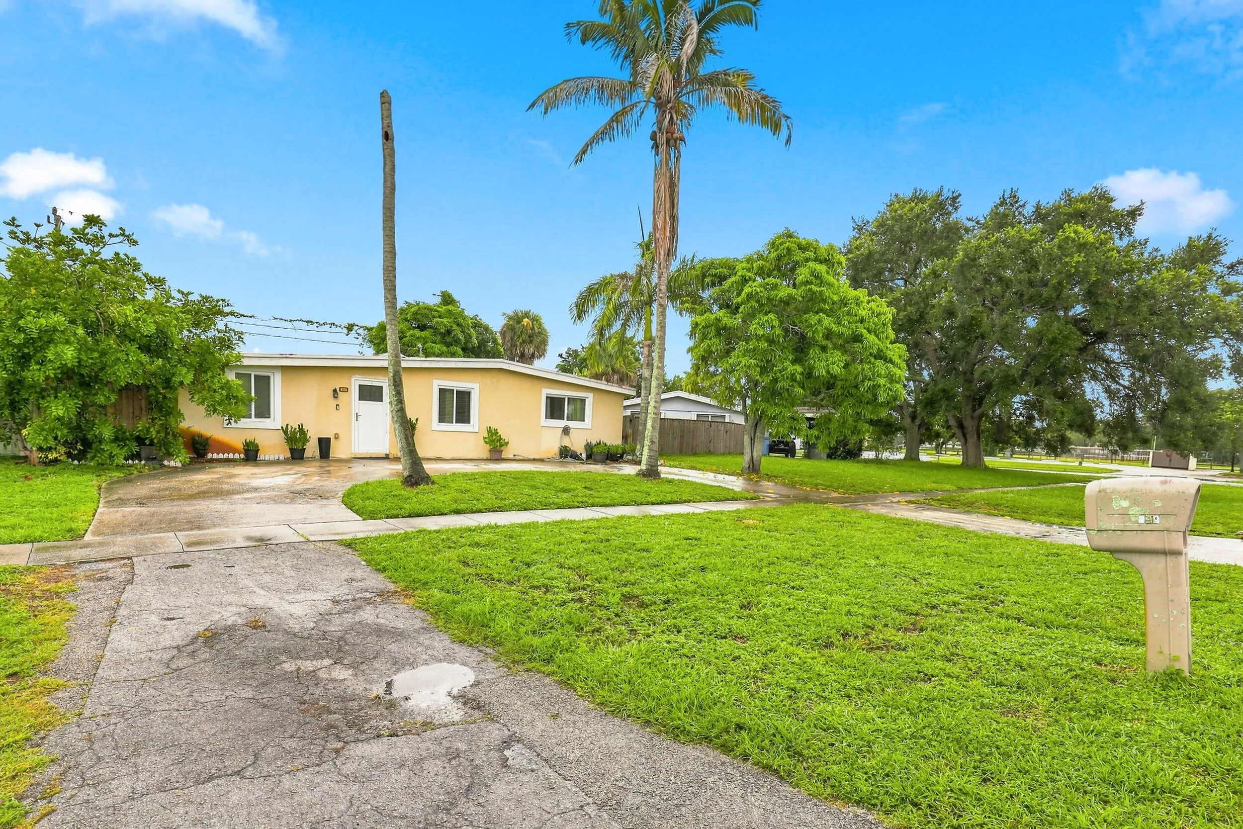 Additional exterior view highlighting the generous front yard and driveway.