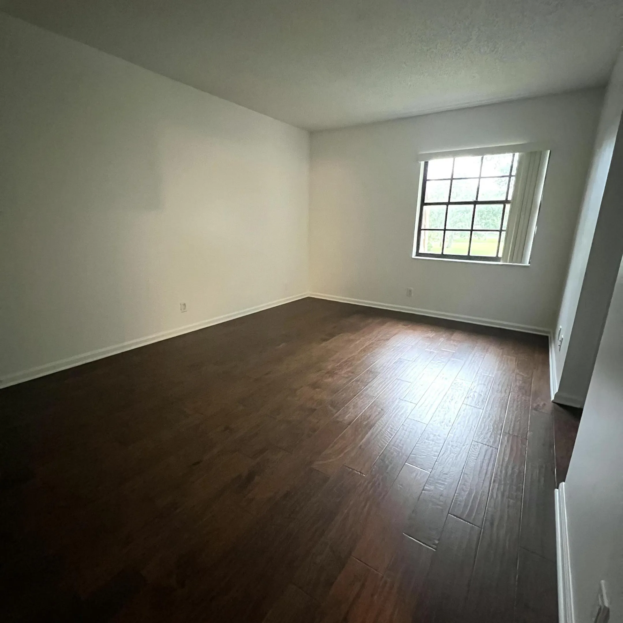 Wood-finish flooring, white walls, and a window with horizontal blinds