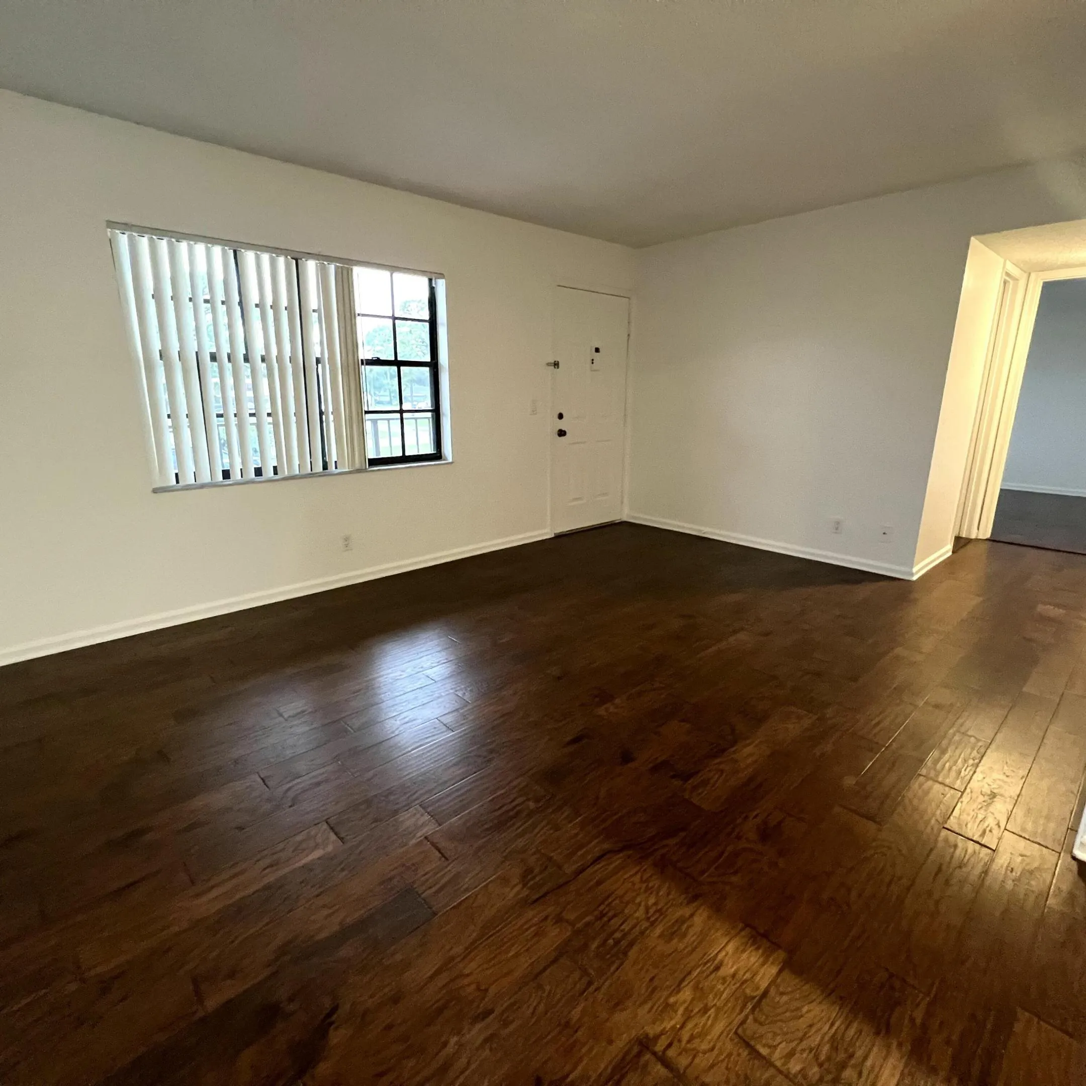 Expansive room featuring wood-finish flooring, a white entry door, and a window with vertical blinds