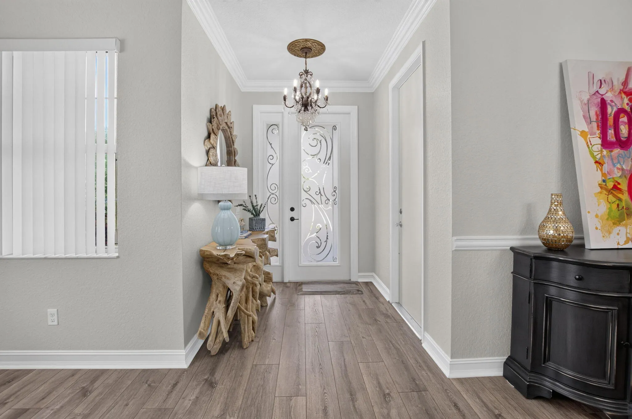 Entrance Foyer | Leaded Glass Door & Crown Molding