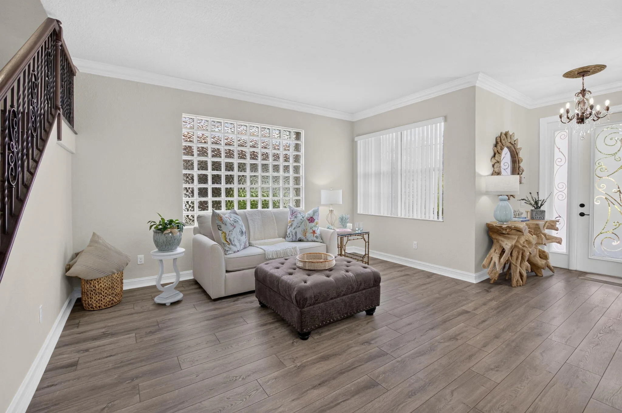 Living Room | Glass Block Window & Iron Staircase