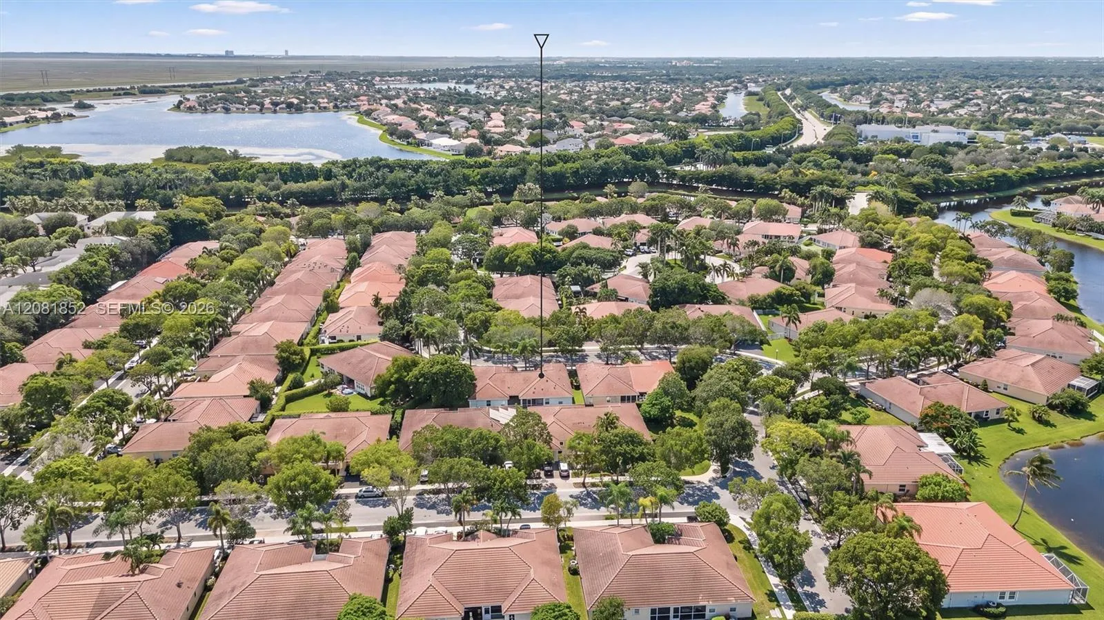 Bird's-eye view showcasing the desirable community and serene lake.