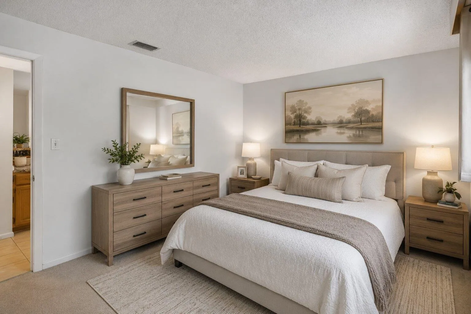 Textured ceiling, vertical window blinds, and light-toned wall paint