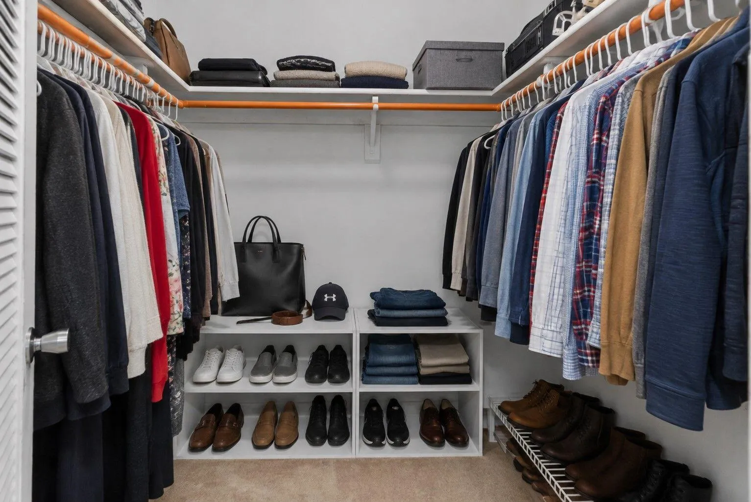 Walk-in closet with built-in shelving, multiple hanging rods, and integrated shoe storage