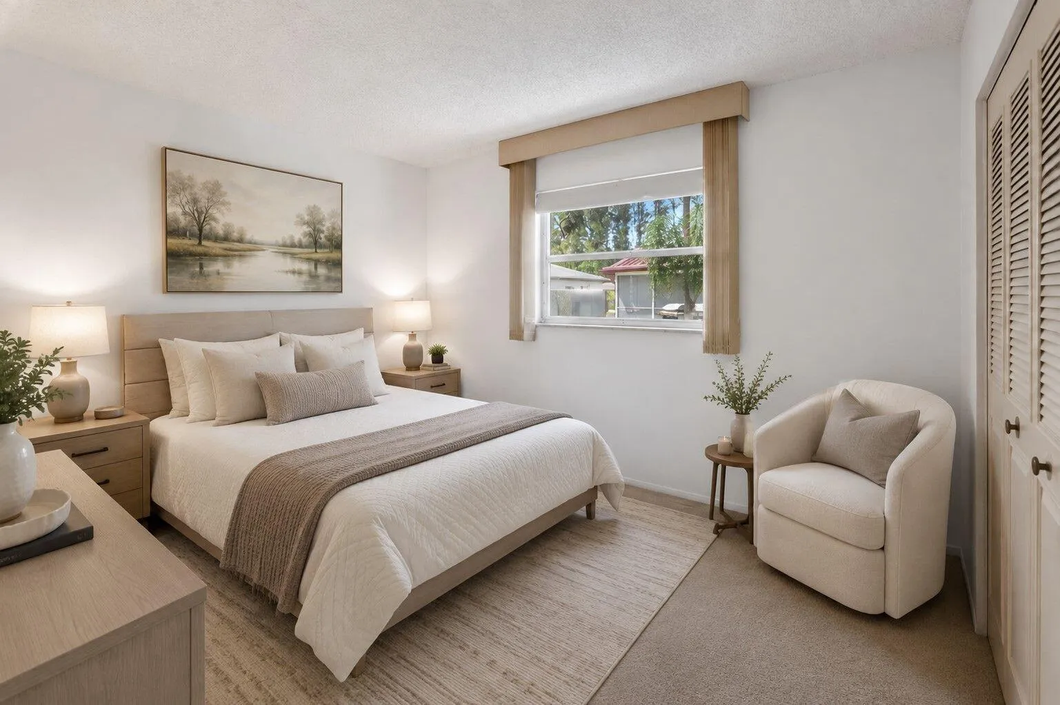 Recessed window, louvered bi-fold closet doors, and mixed flooring