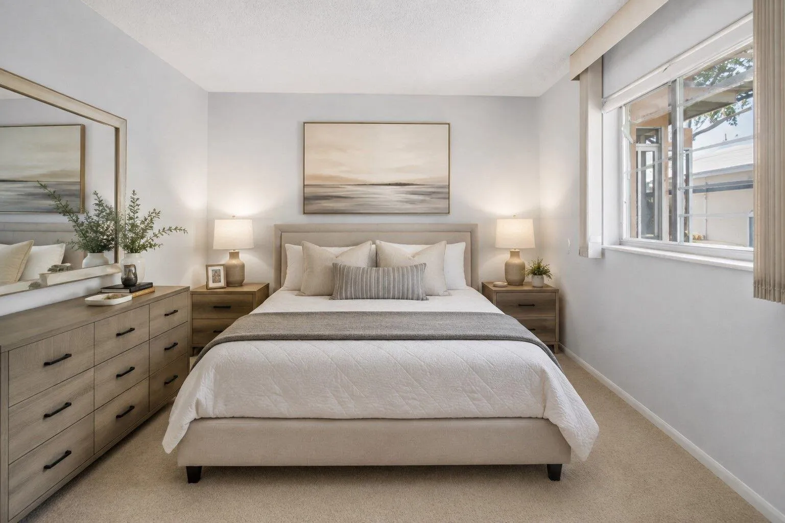 Soft neutral wall color, carpeted flooring, window with vertical blinds, and a built-in light-colored wood dresser