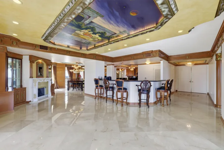 Entrance, bar, kitchen and dining room