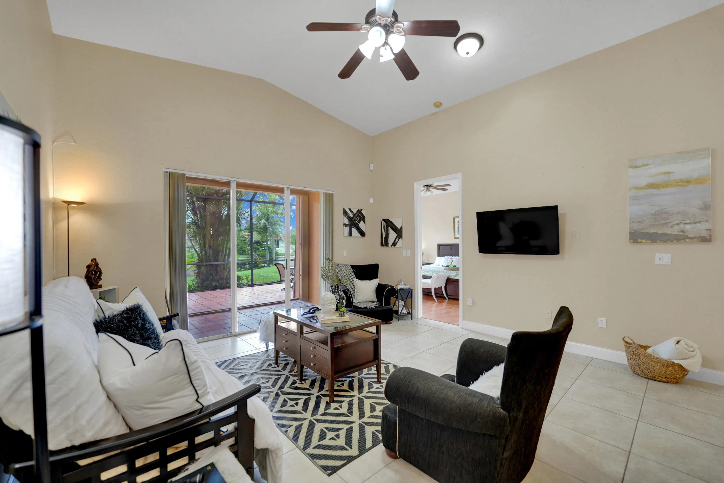 family room with lake view