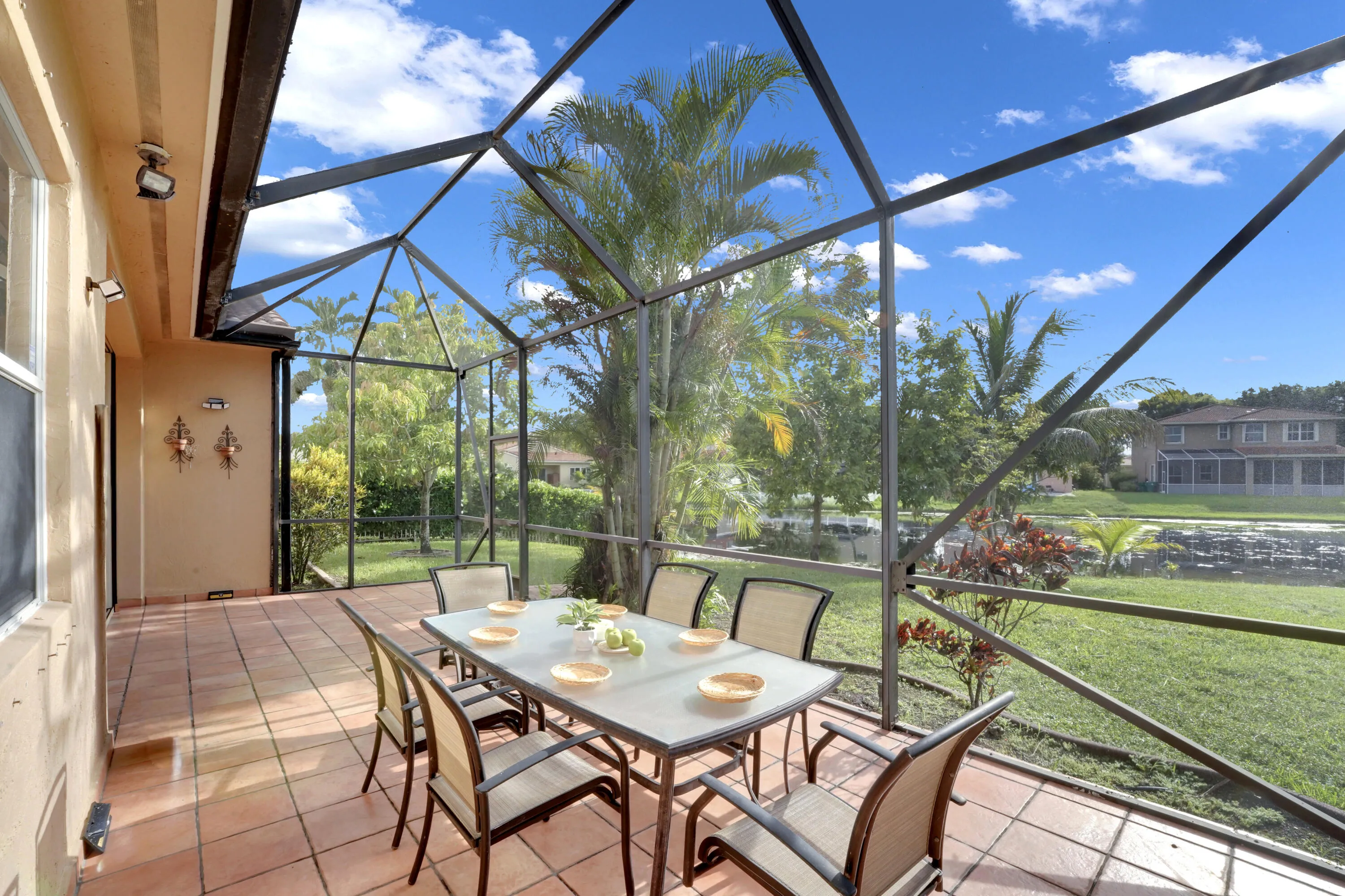screened patio with lake view
