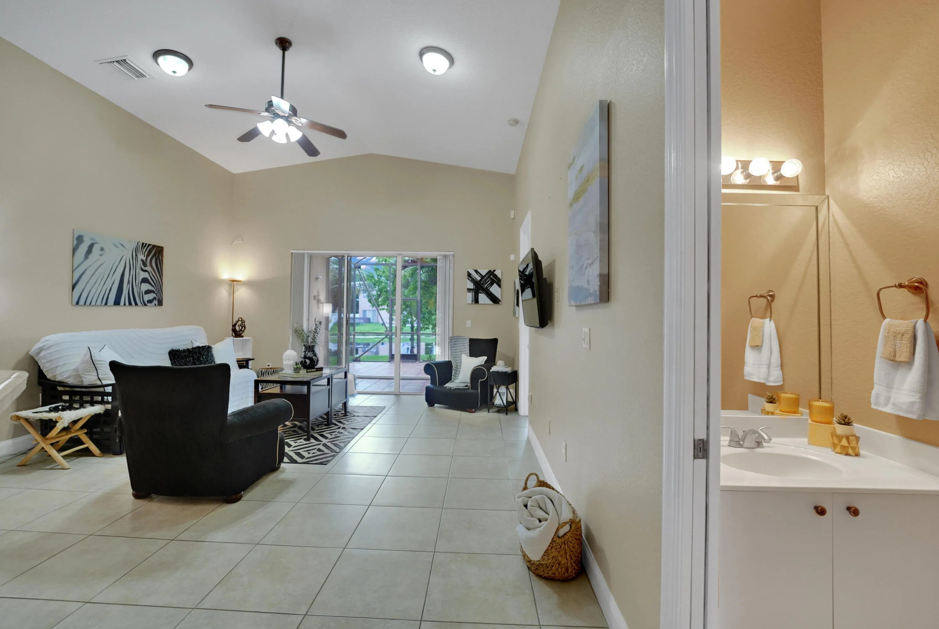 half bath for guests right off the family room