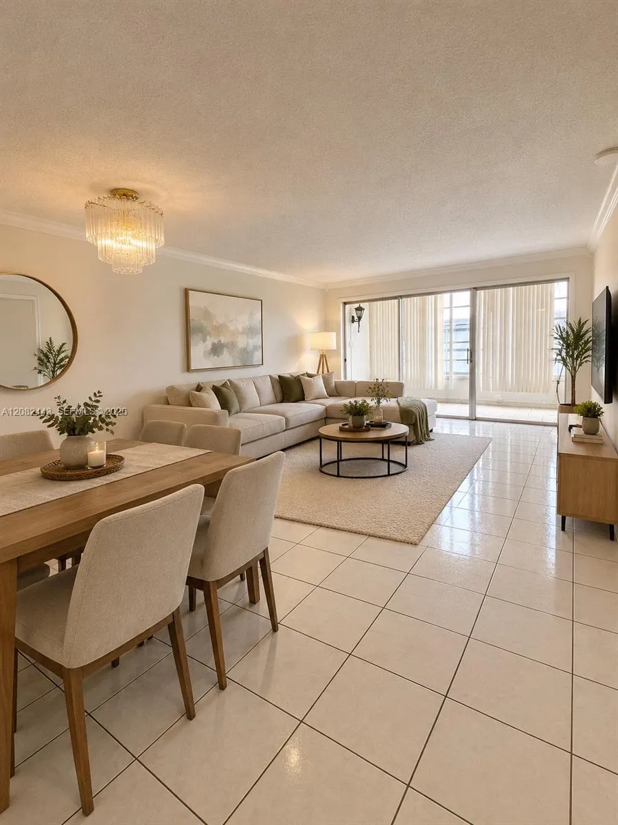 Virtually staged living and dining area. Residence offered unfurnished.