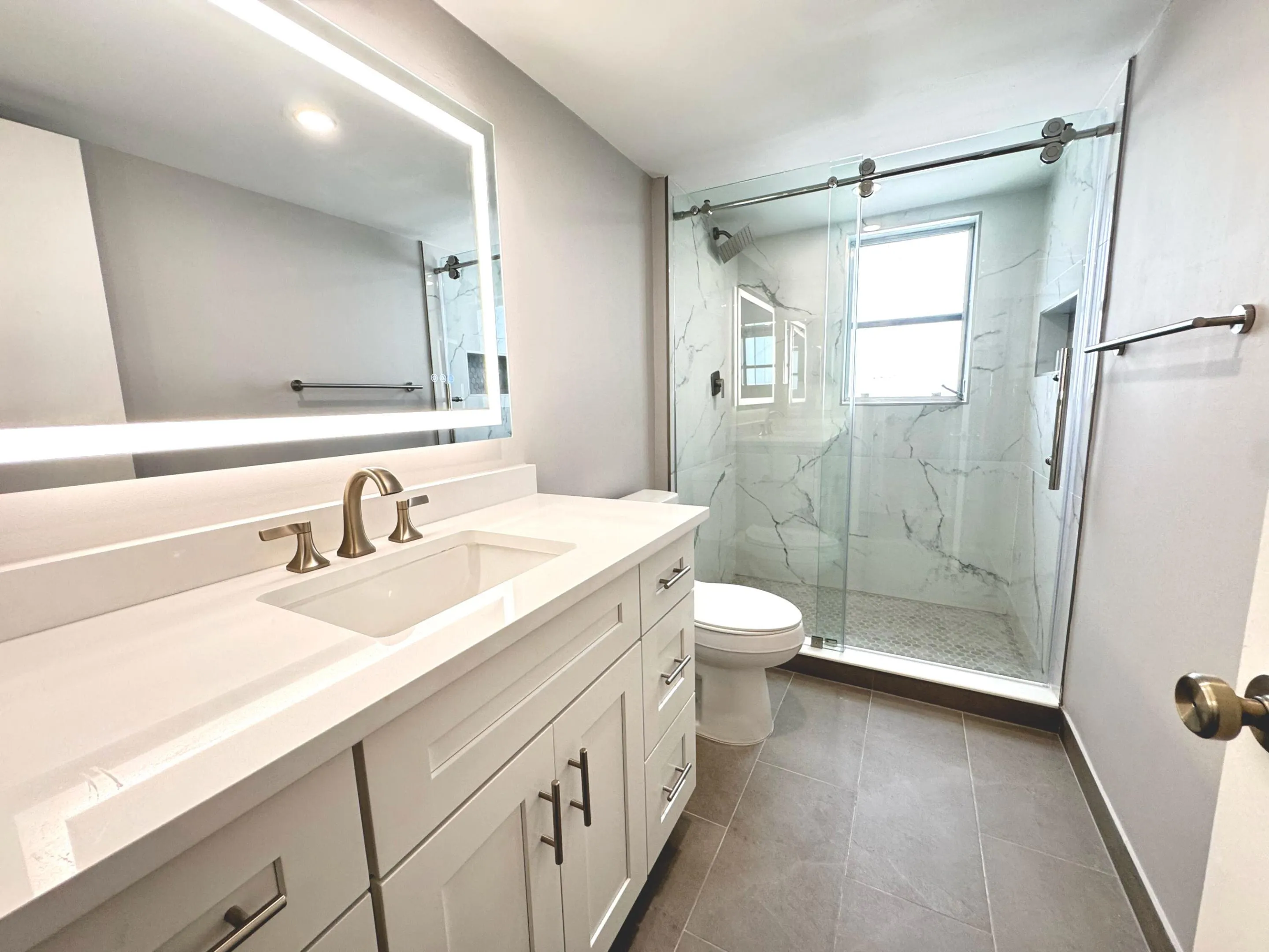 new shower, toilet, vanity/sink