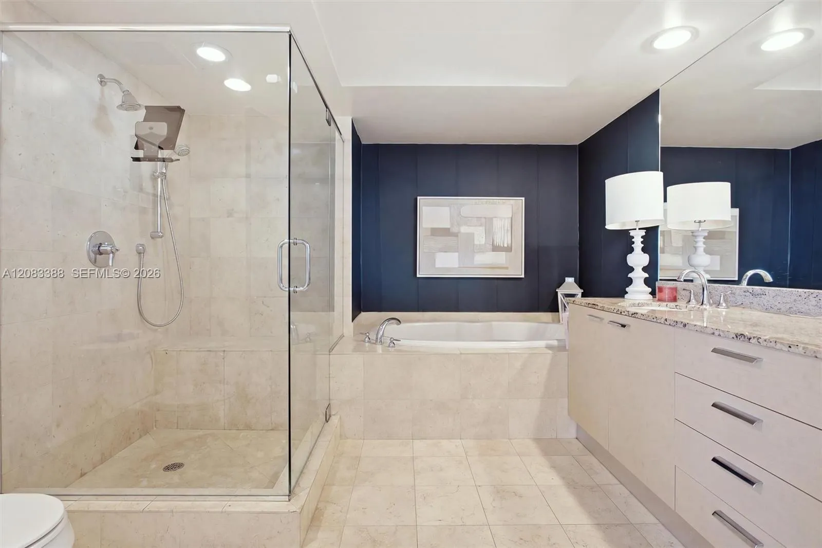 Master - Glass Enclosed Shower, Soak Tub & Double Basins