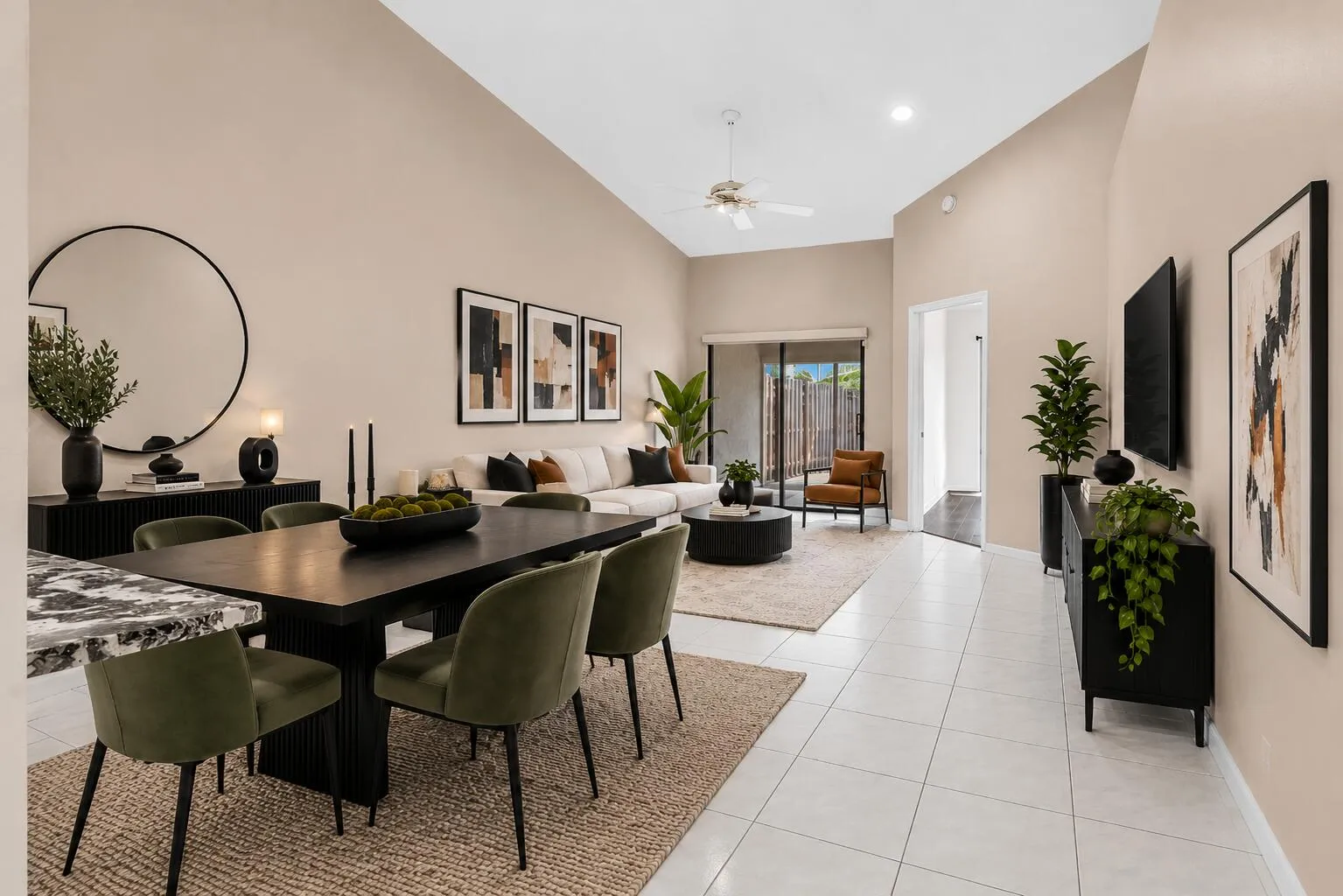 VIRTUALLY STAGED - DINING & LIVING ROOM COMBO WITH VAULTED CEILINGS