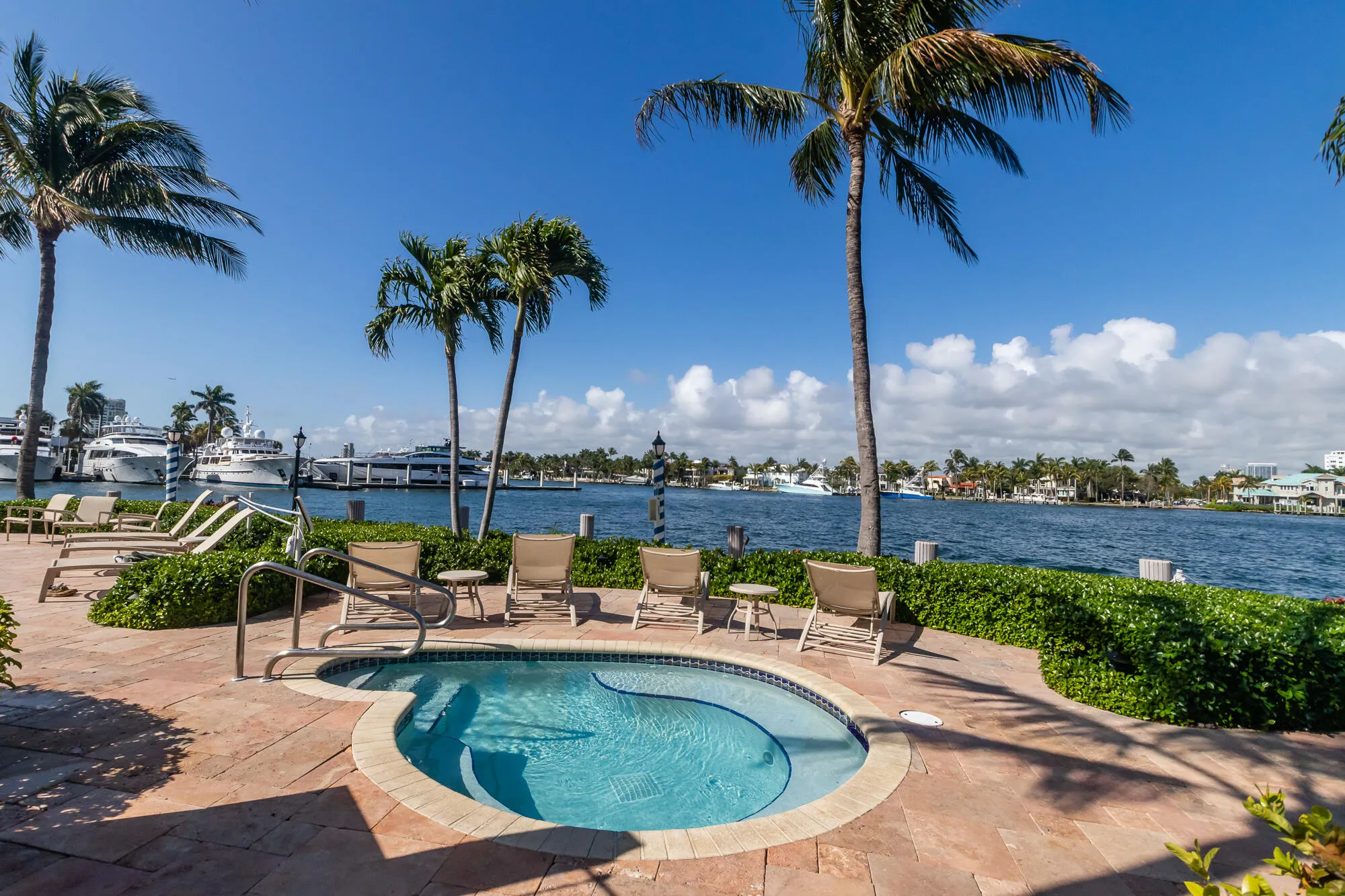 In-ground spa with tile detailing, surrounded by a paved patio, lush landscaping, and mature palm trees