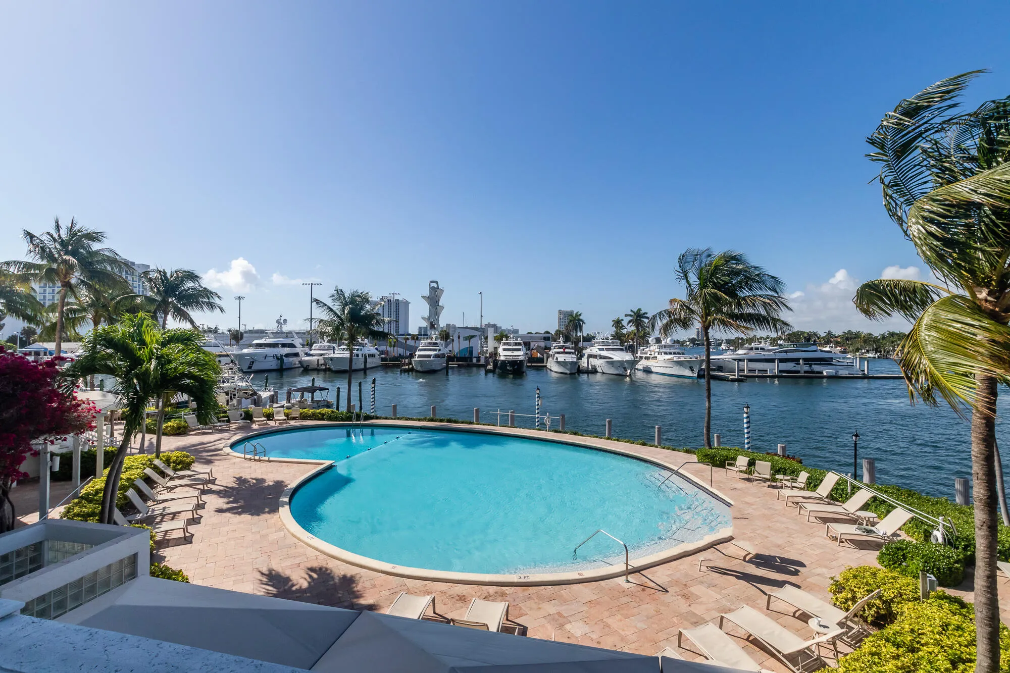 Freeform swimming pool with a stone paver deck, surrounded by tropical landscaping, overlooking a marina