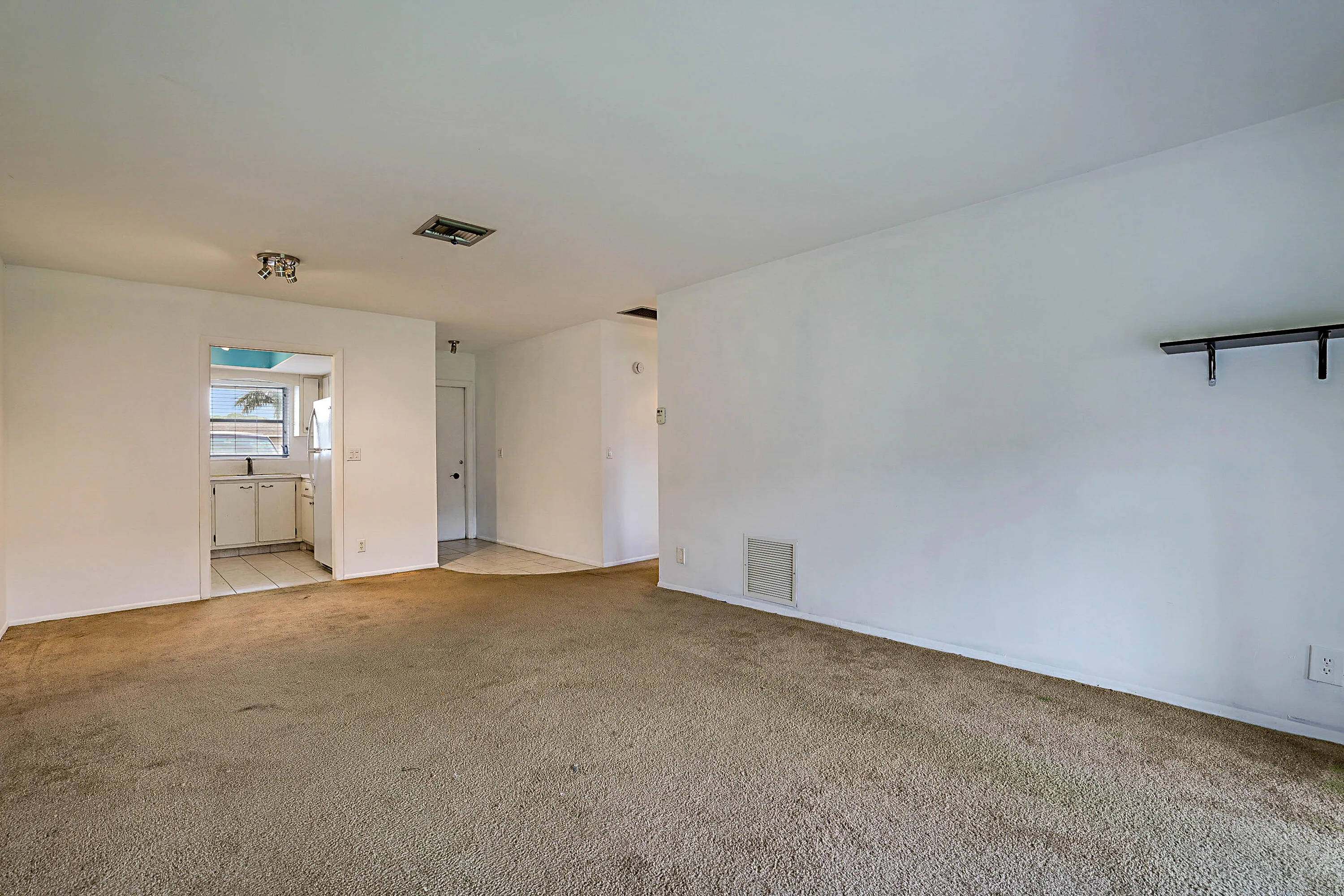 Carpeted living area with white walls and a ceiling-mounted light fixture
