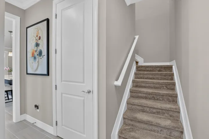 Carpeted staircase with white handrail and risers, complemented by light gray wall tones and white paneled doors