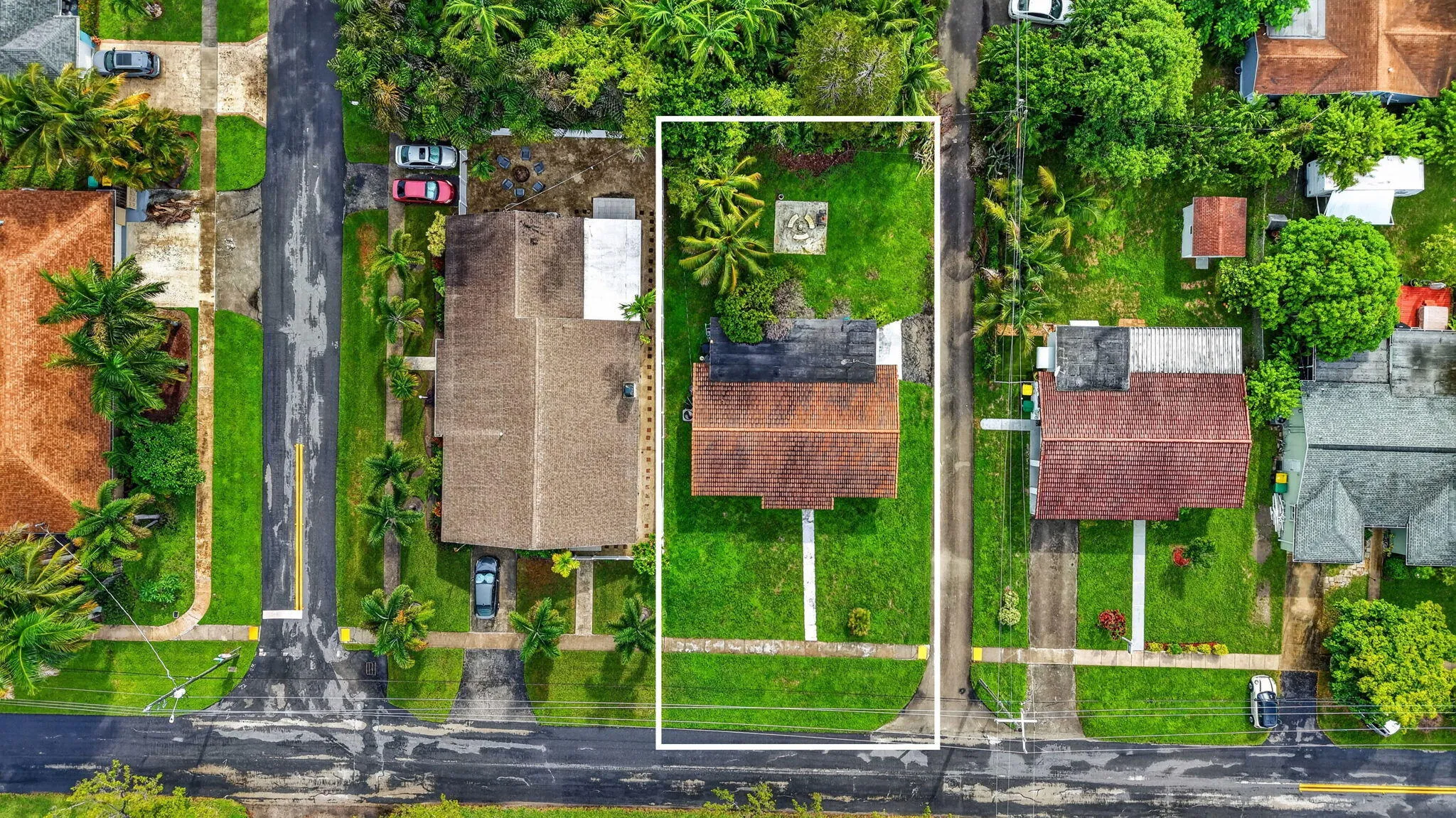 Aerial Lot Lines — Actual Current Condition: Existing Tile Roof and Rear Flat Deck To Be Replaced